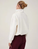 Oversize Yarım Farmuarlı Yakalı Basic SweatShirt - Beyaz thumbnail 3