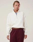 Oversize Yarım Farmuarlı Yakalı Basic SweatShirt - Beyaz thumbnail 1