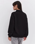 Oversize Yarım Farmuarlı Yakalı Basic SweatShirt - Siyah thumbnail 4
