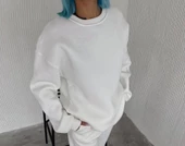 Kışlık Bisiklet Yaka Üç İplik Basic SweatShirt - Beyaz thumbnail 2