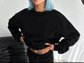 Kışlık Bisiklet Yaka Üç İplik Basic SweatShirt - Siyah thumbnail 1