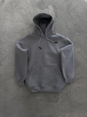 Kapşonlu Üç İplik Penye Basic SweatShirt - Boyalı Gri thumbnail 2