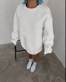 Kışlık Bisiklet Yaka Üç İplik Basic SweatShirt - Beyaz thumbnail 1
