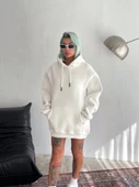 Kapşonlu Üç İplik Penye Basic SweatShirt - Beyaz thumbnail 1