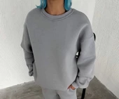 Kışlık Bisiklet Yaka Üç İplik Basic SweatShirt - Gri thumbnail 2