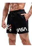 Erkek Siyah Nasa Astronot Baskılı Şort thumbnail 1