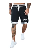 Erkek Siyah Nasa Baskılı Bel Paça Şeritli Şort thumbnail 1