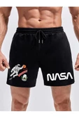 Erkek Siyah Nasa Astronot Baskılı Şort thumbnail 2
