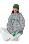 Gri Nice Baskılı Oversize Kapşonlu Sweatshirt thumbnail 1