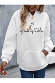 Beyaz Kedi Baskılı Oversize Kapşonlu Sweatshirt thumbnail 2