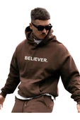 Erkek Believer Baskılı Oversize Kapşonlu Sweatshirt thumbnail 1