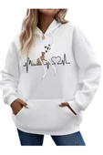 Beyaz Kedi Baskılı Oversize Kapşonlu Sweatshirt thumbnail 1