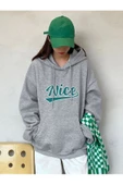 Gri Nice Baskılı Oversize Kapşonlu Sweatshirt thumbnail 3