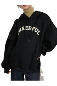 Siyah Cheerful Baskılı Oversize Kapüşonlu Sweatshirt thumbnail 1