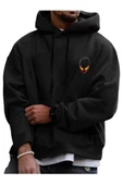 Unisex Yeşil Alien Baskılı Kapşonlu Oversize Sweatshirt thumbnail 1