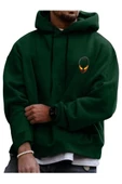 Unisex Yeşil Alien Baskılı Kapşonlu Oversize Sweatshirt thumbnail 2