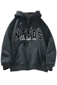 Unisex Siyah Needs Baskılı Kapüşonlu Oversize Sweatshirt thumbnail 2