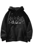 Unisex Siyah Needs Baskılı Kapüşonlu Oversize Sweatshirt thumbnail 1