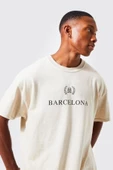 Unisex Bej Barcelona Baskılı Oversize Tshirt thumbnail 3