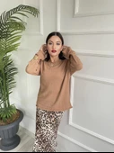 Kadın Açık Yaka Uzun Kol Triko Camel thumbnail 2