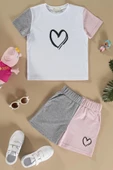 Kalp Baskılı Gri Tshirt Şort Takım thumbnail 1