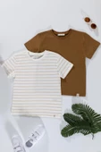 2'li Cizgili Taş Beyaz Tshirt thumbnail 1