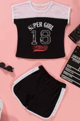 File Detaylı Baskılı Siyah Tshirt Şort Takım thumbnail 1