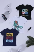 3'lü Dinazor Baskılı Siyah Lacivert Beyaz Tshirt thumbnail 1