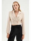 Quzu Kruvaze Crop Blazer Ceket Taş thumbnail 1