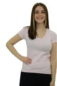 V Yaka Açık Pembe Basic T-Shirt thumbnail 1