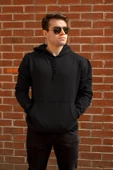 Erkek Siyah Düz Basic Kapüşonlu Cepli Oversize Sweatshirt 21ESWT1KNG thumbnail 1