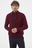 Dik Yaka Fermuarlı Triko Kazak - Bordo thumbnail 1