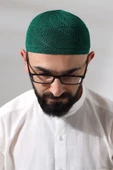 Yeşil Dantel Detaylı Örme Gold Namaz Takkesi thumbnail 4
