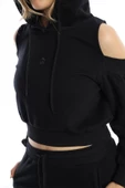 Kadın Kapüşonlu Omuz Dekolteli Sweatshirt Siyah thumbnail 4