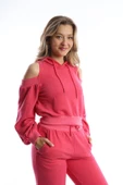 Kadın Kapüşonlu Omuz Dekolteli Sweatshirt Pembe thumbnail 2