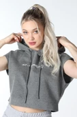 Kadın Baskılı Kapüşonlu Crop Sweat K.gri thumbnail 2