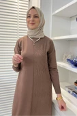 Zebra Desen Triko Elbise Sütlü Kahve thumbnail 3