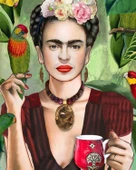 Frida Kahlo Coffee With Parrot - Kanvas Tablo thumbnail 2