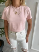 Kadın Basic Crop Tshirt Pembe thumbnail 4
