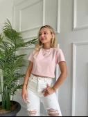 Kadın Basic Crop Tshirt Pembe thumbnail 3