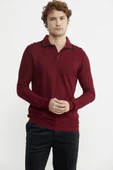 Polo Yaka Düğmeli Triko Kazak - Bordo thumbnail 2