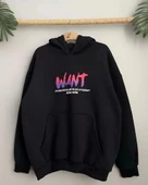 Baskılı Üç İplik Kapüşonlu Oversize Sweatshirt - Siyah thumbnail 3