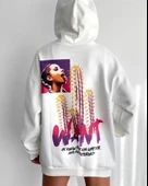 Baskılı Üç İplik Kapüşonlu Oversize Sweatshirt - Beyaz thumbnail 1