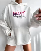 Baskılı Üç İplik Kapüşonlu Oversize Sweatshirt - Beyaz thumbnail 2