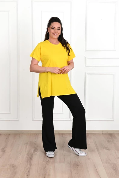 Kadın Bisiklet Yaka Yırtmaç Detaylı Büyük Beden Tshirt 9633-22 ürün görseli 1