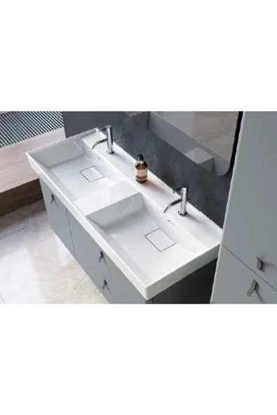 Turkuaz  Sharp Etajerli Lavabo 120x48 cm (Çift Hazneli Çift Batarya Delikli) ürün görseli 1
