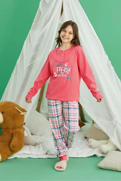 Aydoğan Kız Garson Koza interlok Mercan Ekose Pijama Takım 0725 ürün görseli 1