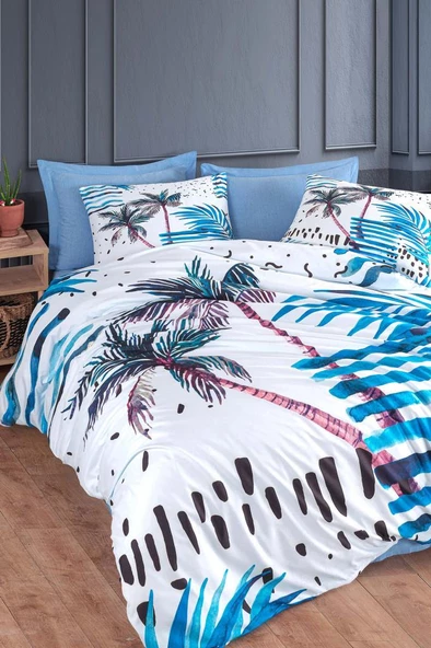Palm %100 Pamuk Çift Kişilik Nevresim Takımı Mavi ürün görseli 1