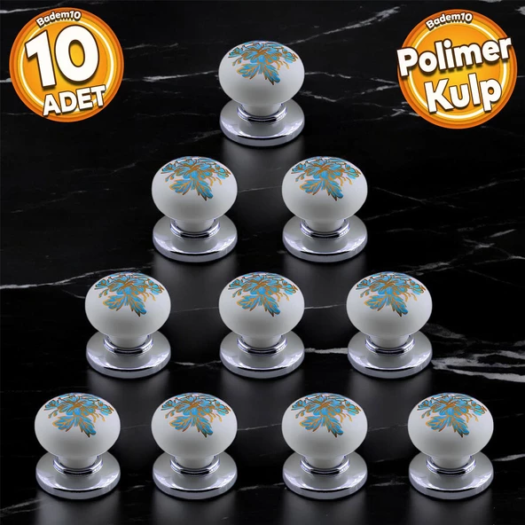 Polimer Kulp Düğme Mavi Çiçek Desenli Krom Tabla Mobilya Mutfak Dolabı Çekmece Kulpu Kulbu 10 ADET ürün görseli 1