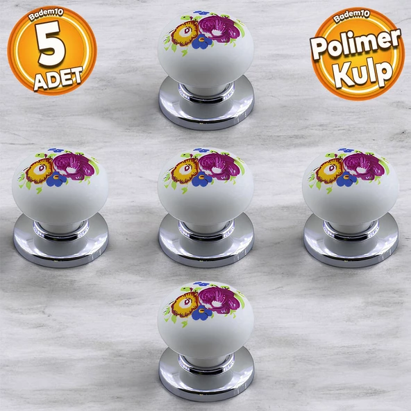 Polimer Kulp Düğme Çiçek Desenli Krom Tabla Mobilya Mutfak Dolabı Çekmece Dolap Kulpu Kulbu 5 ADET ürün görseli 1